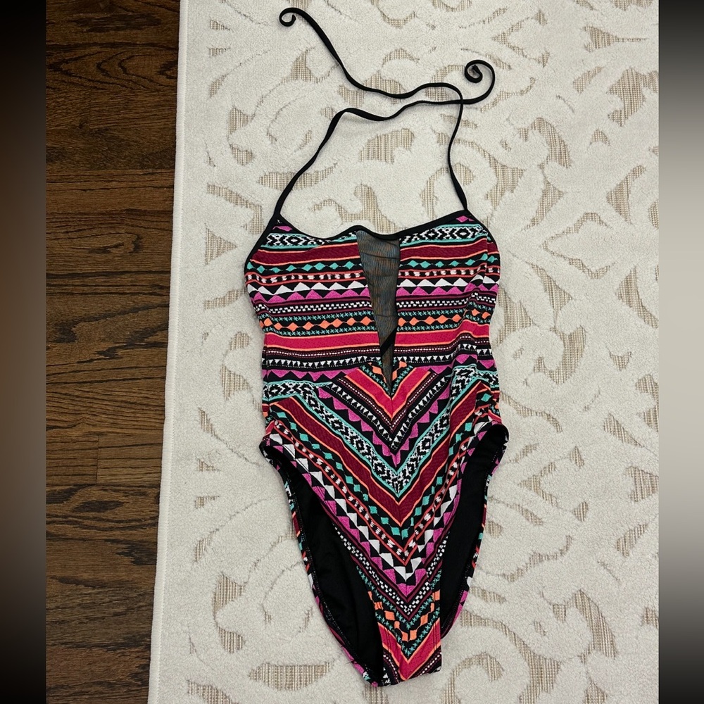 Colorful Tribal Print One-Piece Swimsuit with Plunge Mesh